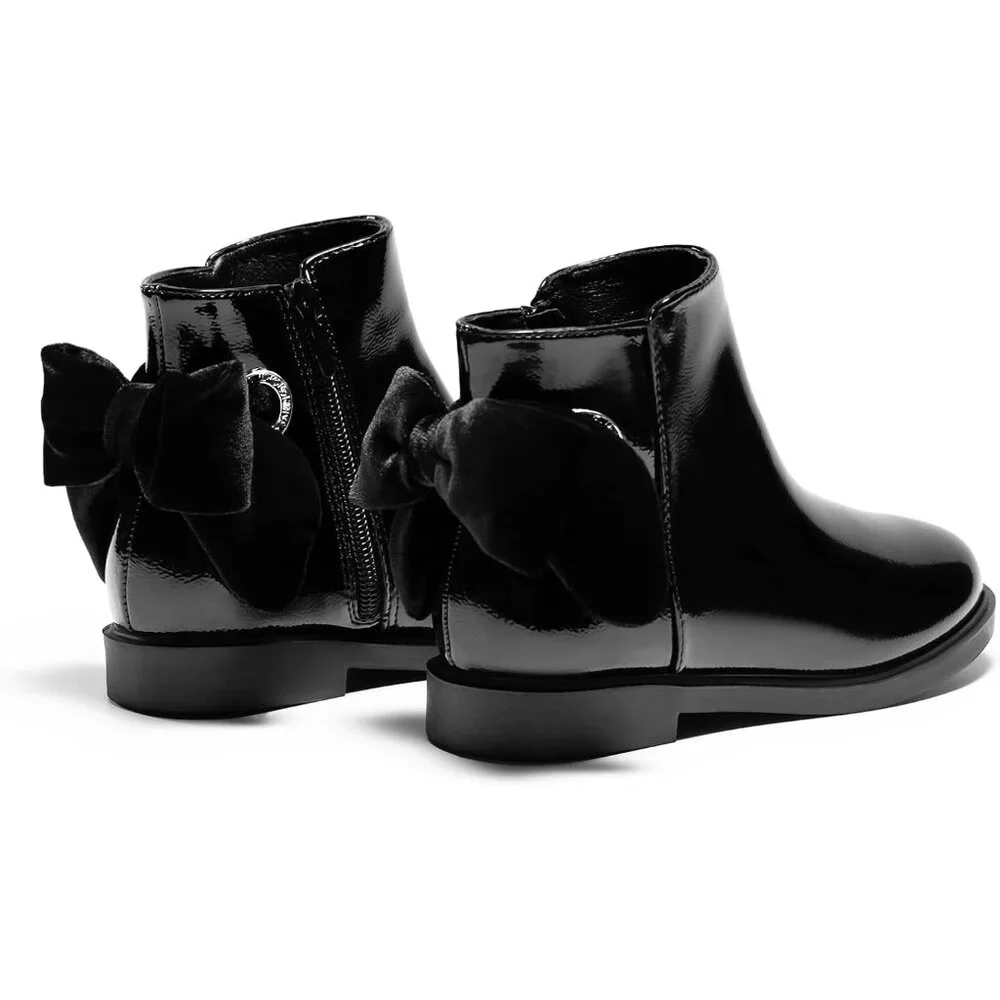 🆕Girls Black Faux Leather Ankle Kids Bow Chunky Low Heel Side Zipper Dress Boot